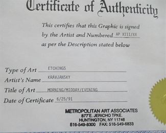 Kravjansky Morning/Midday/Evening Etchings With Certificate Of Authenticity