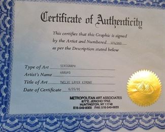 Haruyo Serigraph Twelve Layer Kimono wit Certificate of Authenticity 325/350