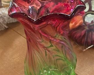 Pink and green swirl art vase