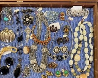 Small amount of designer jewelry in case: Schreiner, Miriam Haskell, Kramer