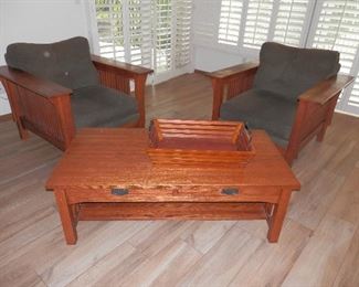 Pair of BROYHILL "Arts and Crafts" chairs and matching coffee table with drawers