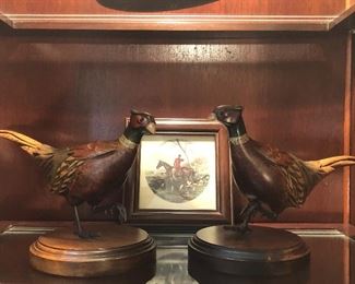 Signed Painted, Wood Carved Pheasants by Tom Taber