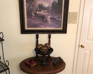 Antique Table, Bowl of “Lion Heads” Cheetah Wall Art