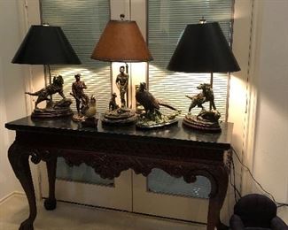 Marble Topped 5’ Entry Table and Spelter/Bronze Lamps...