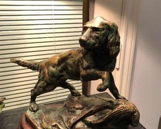 Pair of Vintage Hunting Dog with Bird, Spelter/Bronze Lamps