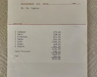 Original Bishop Parker Furniture Receipt Circa 1973! 
