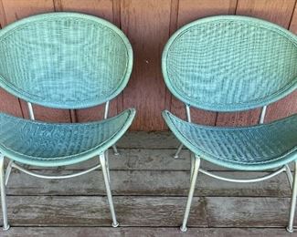 Pair Of Mid-century Modern Teal Wicker Metal Frame Orbit Chairs 
