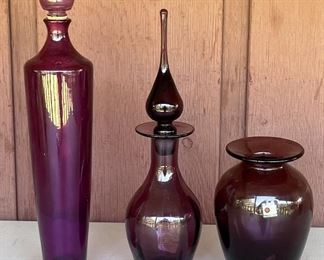 Mid Century Modern - Blenco Hand Blown Art Glass Vase, Hand Blown Jeannie Bottle, And A Bottle With Stopper
