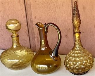 (2) Mid Century Modern Hand Blown Amber Glass Jeannie Bottles - Decanters And (1) Hand Blown Handled Pitcher