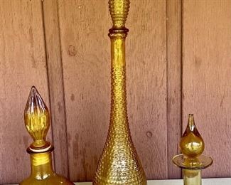(3) Mid Century Modern Amber Glass Jeannie Bottle Decanters- (1) As Is