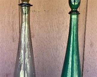 (2) Vintage Mid Century Modern Jeannie Bottle Decanters - Teal Green And Grey