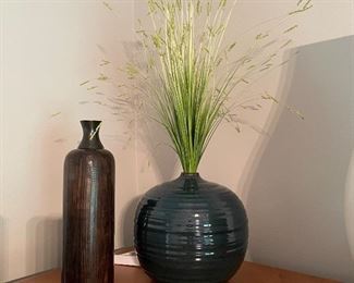   Blue vase, 12"H,  $22 (Brown striated vase, 15"H, $18/SOLD)
