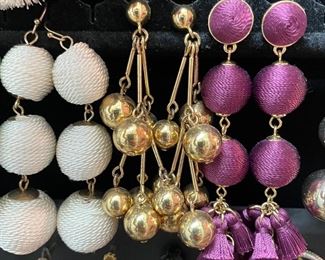 White dangel ball earrings, $8, Purple ball and tassel earrings, $8  (Gold earrings SOLD)