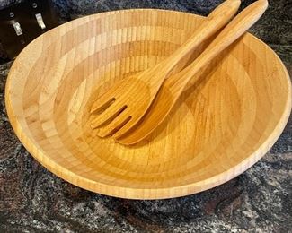 Large wooden salad bowl w/ serving spoon and fork,  $12