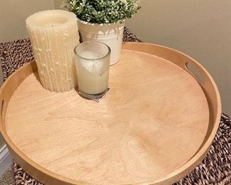 Wooden tray 17" diameter, $14, Candles, $6, (greenery/SOLD)