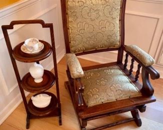 Antique rocking chair and three tier stand