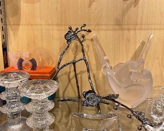 IIttala Finnish Glass Candlesticks, Lalique Perfume Bottles, Lalique Doves (missing glass floral frog), Michael Aram Picture Easel and Candle Snuffer