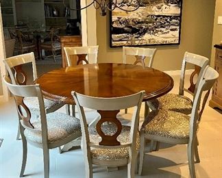 Item 43:  Grange "Louisiane" Expandable Round Dining Set -- beautiful dark wood sunburst top with painted off white base. Table seats 4-6, with leaves seats 8-10. Chairs are beautifully upholstered!  $3850                                                                                                     
Table - 55.5" x 30.5" (measured without extensions)                   (8) Chairs - 18.5"l x 18.5"w x 37"h