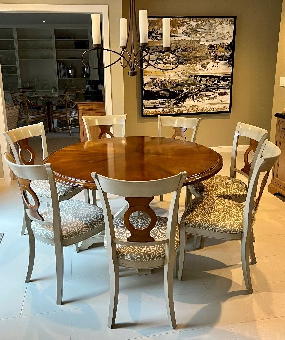Item 43:  Grange "Louisiane" Expandable Round Dining Set -- beautiful dark wood sunburst top with painted off white base. Table seats 4-6, with leaves seats 8-10. Chairs are beautifully upholstered!  $3850                                                                                                     
Table - 55.5" x 30.5" (measured without extensions)                   (8) Chairs - 18.5"l x 18.5"w x 37"h