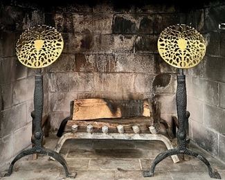 Item 7:  Stunning Andirons -  Iron with Brass Filigree Foliate Tops in the style of Ernest Gimson - 25" x 19.5":  $495