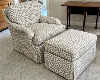 Item 12:  Custom Upholstered Design Center Swivel Armchair & Ottoman:  $645                                                                                                   Armchair - 32"l x 24"w x 31"h                                                                 Ottoman - 28"l x 20"w x 17"h