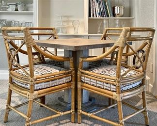 Great simple drift-wood color pedestal table and 4 mint Maguire Chairs