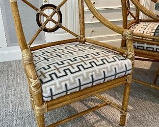 Item 14:  (4) McGuire Dining Chairs, Designed by Elinor McGuire, these impeccably crafted arm chairs display a rattan back, which frames McGuire's signature Rattan Target™ design - 23"l x 18"w x 36"h: $2295