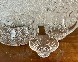 Item 31:  Waterford Bowl (left) - 7.5" x 4":   $75                                                         Item 32:  Waterford Dish (middle) - 4.75" x 2.25":  $24                                       Item 33:  Waterford Pitcher (right) - 6.5": $45