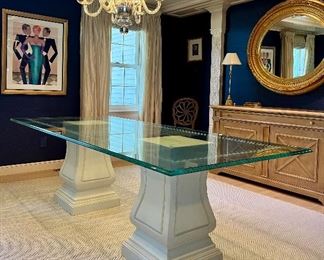 Item 46:  Glass Dining Table with Double Pedestal Base (chip to one corner) Due to the fragile nature and weight of this large piece of glass, the buyer must have this professionally moved (we can help you find the right mover!) - 96"l x 42"w x 30"h: $695