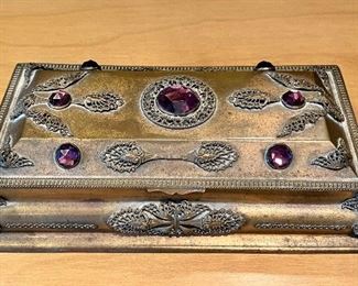 Item 48:  Brass Box with Purple Stones - 9.25"l x 5"w x 1.5"h: $38