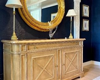 Item 56:  Design Center Blonde Buffet - 72"l x 19.75"w x 35.75"h:   $595                                                                                                              Item 151:  Gold Gilt Mirror - 46.25" x 42.5":$450 (SOLD)