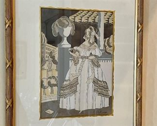 Item 68:  Ro Keezer Victorian Print (gold frame with "x's") - 13.5" x 16.25": $95