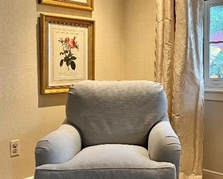 Item 71:  Sage Green/Blue Linen Armchair - 32.5"l x 22.5"w x 30"h:  $575