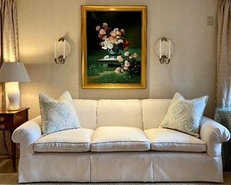 Item 73:  Design Center Linen Sofa custom upholstered with Brunschwig & Fils fabric - 92"l x 22.5"w x 31"h: $1495