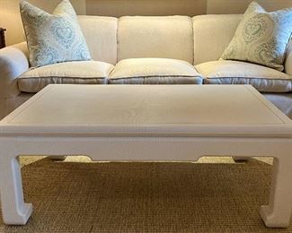 Item 76:  Ivory Lacquered Linen Chow Feet Rectangle Coffee Table- 48"l x 32"w x 18"h: $475