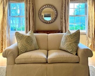 Item 77: Design Center Linen Love Seat custom upholstered with Brunschwig & Fils fabric  - 68"l x 22.5"w x 31"h: $1195