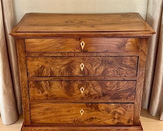 Item 79:  Antique Chest of Drawers with Inlaid Keyholes, Flame Mahogany - 36.5"l x 19.5"w x 34.25"h: $425