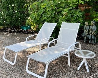 Item 100:  (2) Brown Jordan Adjustable Lounge Chairs: $295/pr                                                                                                          Item 101: (2) Brown Jordan Side Tables - 18" x 15": $58 for pair
