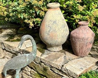 Item 110:  Patinated Copper Flamingo - 22":  $24(SOLD)                                                    Item 111:  (2) Rustic Amphoras:  $38 for pair  (SOLD)                                                                                 Tallest - 16"