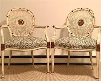 Item 134:  (2) Pair, Vintage Adam Style Cane Back Armchairs- 27"l x 20"w x 37.5"h:  $525/Pair