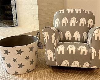 Item 139:  Star Patterned Bucket (left):  $12                                                          Item 140:  Child's Rocking Chair (right):  $48  