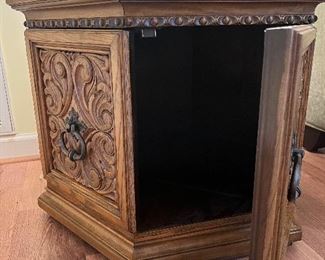 Hexagonal Carved Oak Bar / storage cabinet / end table