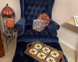 Velvet blue chair and ottoman 