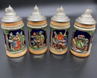 (4) Ceramic German Bier Steins with Pewter Lids