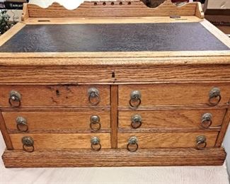 The warehouse is FULL - contents of 6 family's items!! Antique oak 6 drawer writing cabinet w/ brass inkwell