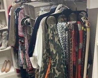 Ladies designer clothes, scarves, belts, and more.