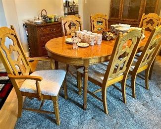 Dining Room Table with 1 Leaf & 6 Nicely Upholstered Chairs  