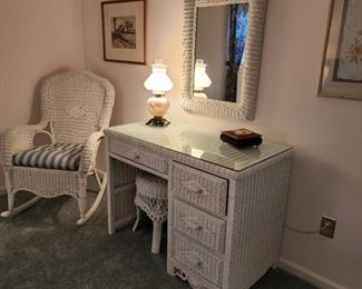 $150 (desk). $75 (chair); desk is 30" high x 41" wide x 21" deep; rocker is 42" high x 27" wide x 36" deep