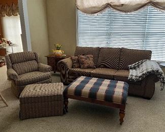 Chair with ottoman, fabric covered coffee table/ottoman, like new sofa