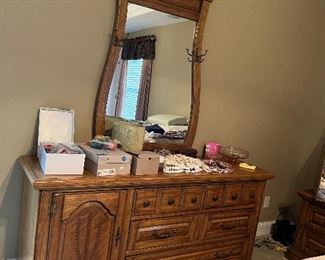 Very nice oak dresser with mirror, end table, matching armoire